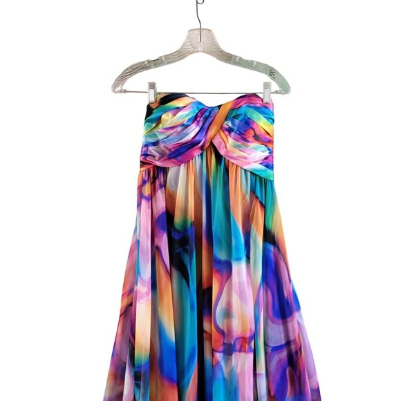 La Femme Paris Strapless Watercolor Rainbow Chiffon Gown - Picture 2 of 6